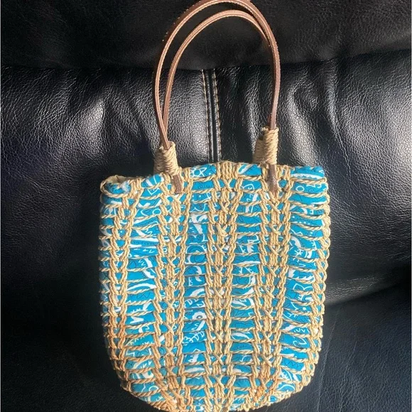 Ralph Lauren Polo Jean Co. Blue & White Bandanna Woven Straw Mini Bag - Picture 2 of 11